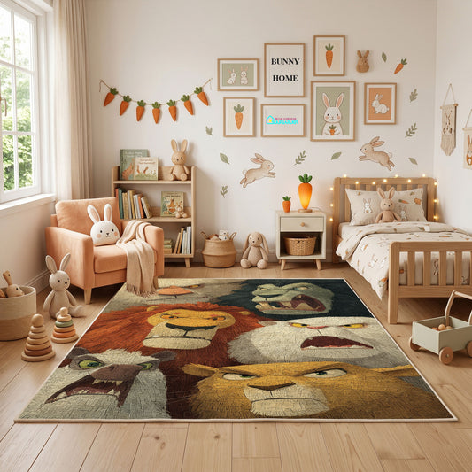 Woodland Bear Family Area Rug, Vintage Forest Animal Carpet, Cozy Decor – full rug view