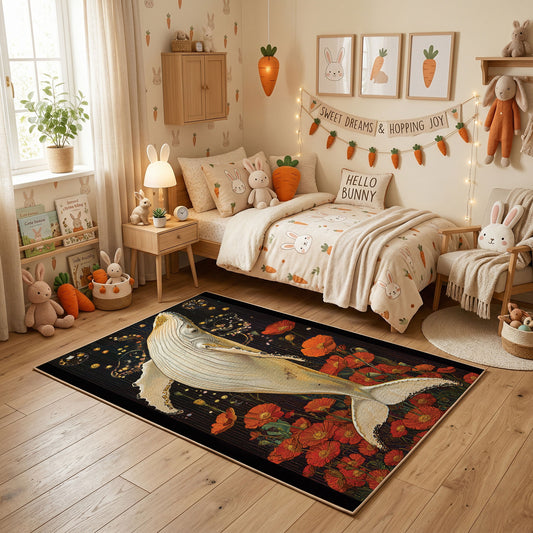 Elegant Crane Area Rug, Red Botanical Bird Carpet, Vintage Room Decor – featured room view