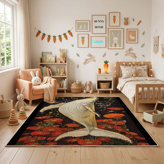 Elegant Crane Area Rug, Red Botanical Bird Carpet, Vintage Room Decor – full rug view