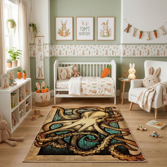 Vintage Owl Portrait Area Rug, Sepia Woodland Bird Carpet, Rustic Decor – featured room view