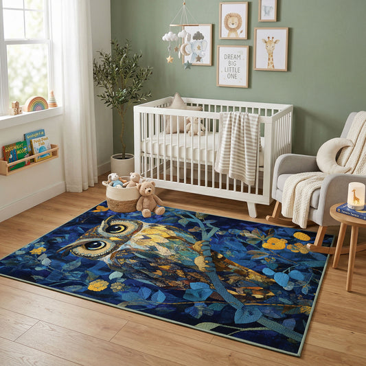 Whimsical Owl Garden Area Rug, Colorful Woodland Bird Carpet, Kids Decor – featured room view