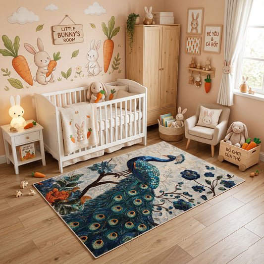 Boho Woodland Animal Area Rug, Neutral Forest Carpet, Nursery Decor – full rug view