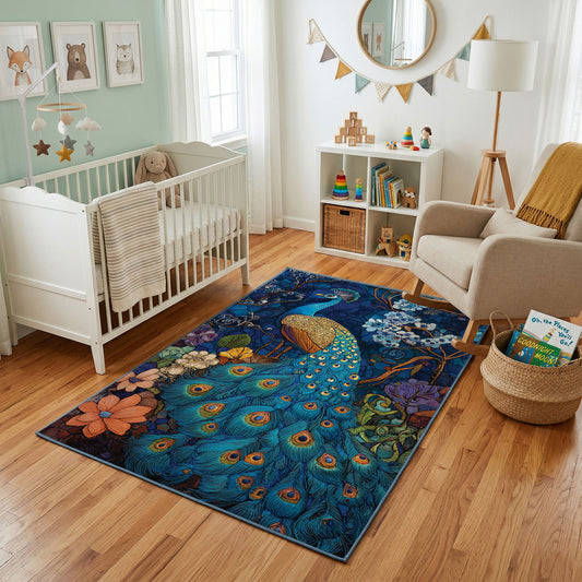 Majestic Peacock Area Rug, Blue Botanical Bird Carpet, Elegant Decor – featured room view