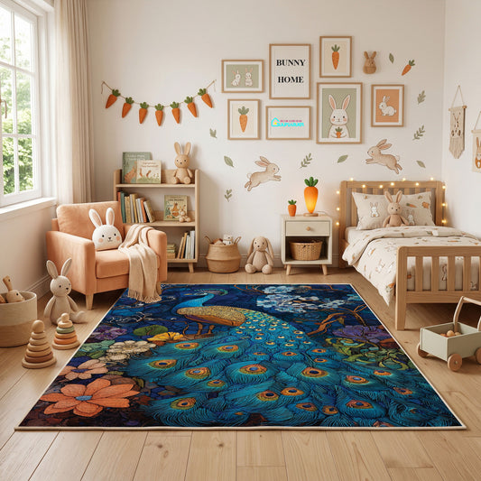 Majestic Peacock Area Rug, Blue Botanical Bird Carpet, Elegant Decor – full rug view