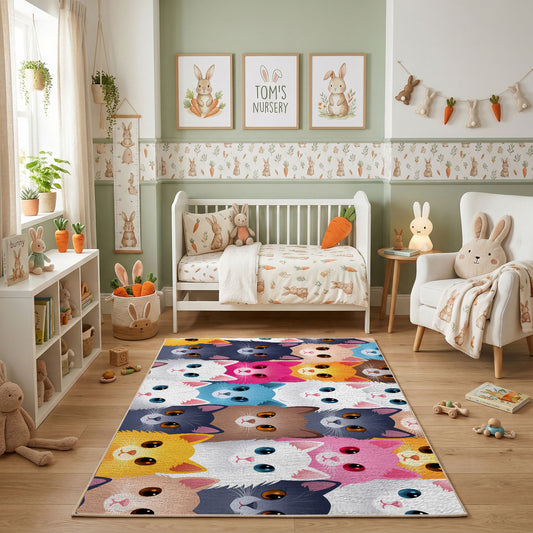 Pastel Cat Faces Area Rug, Cute Feline Pattern Carpet, Kids Room Decor – featured room view