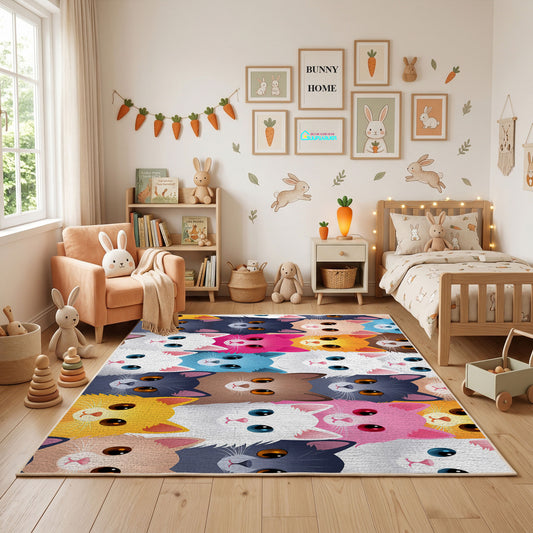 Pastel Cat Faces Area Rug, Cute Feline Pattern Carpet, Kids Room Decor – full rug view