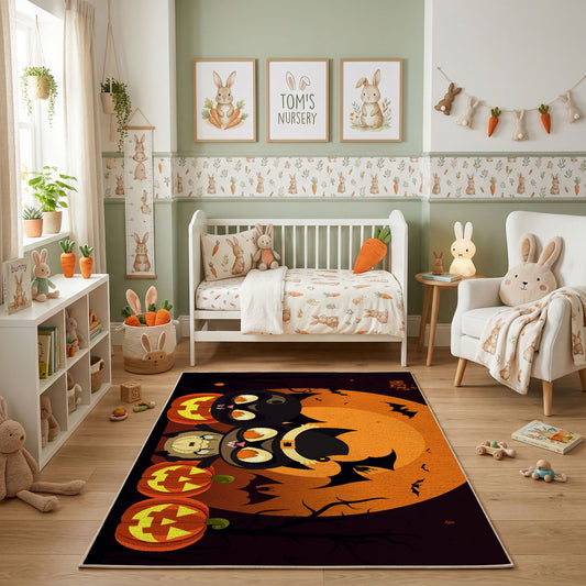 Black Cat Pumpkin Area Rug, Orange Halloween Animal Carpet, Spooky Decor – featured room view