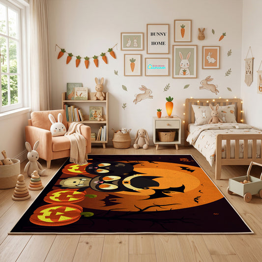 Black Cat Pumpkin Area Rug, Orange Halloween Animal Carpet, Spooky Decor – full rug view