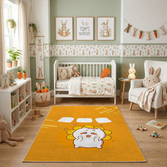 Cute White Cat Area Rug, Warm Yellow Minimal Feline Carpet, Nursery Decor – featured room view
