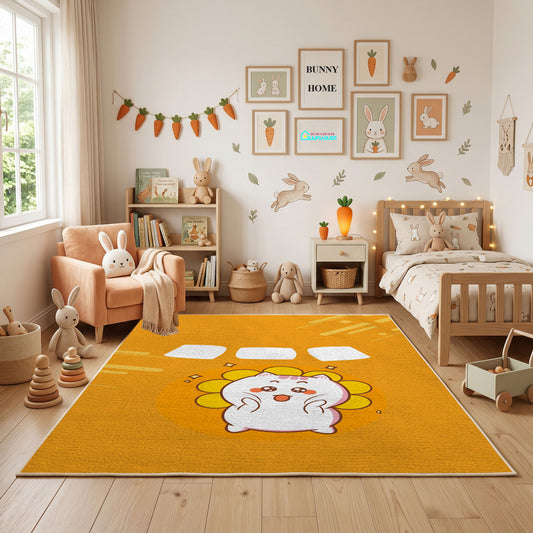Cute White Cat Area Rug, Warm Yellow Minimal Feline Carpet, Nursery Decor – full rug view