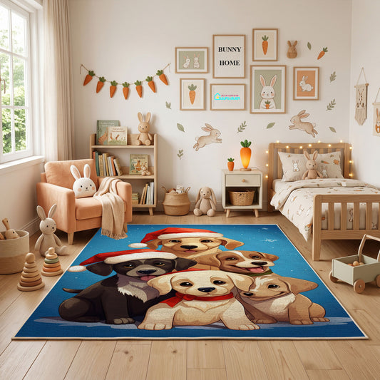 Cute Puppy Family Area Rug, Blue Dog Carpet, Kids Room Decor – full rug view