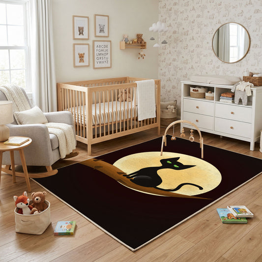 Moon Silhouette Cat Area Rug, Minimal Black Feline Carpet, Gothic Decor – featured room view