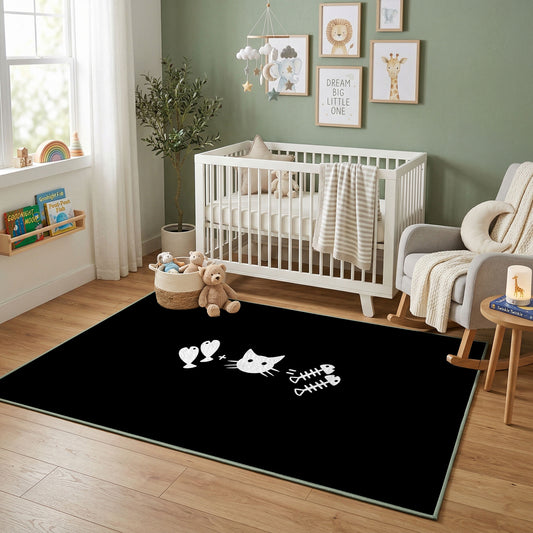 Minimal Black Cat Area Rug, Small White Feline Graphic Carpet, Modern Decor – featured room view