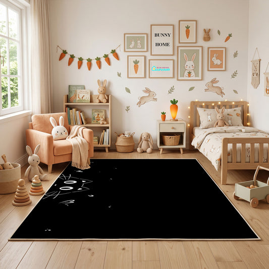 Stargazing Black Cat Area Rug, Dark Night Feline Carpet, Cozy Room Decor – full rug view