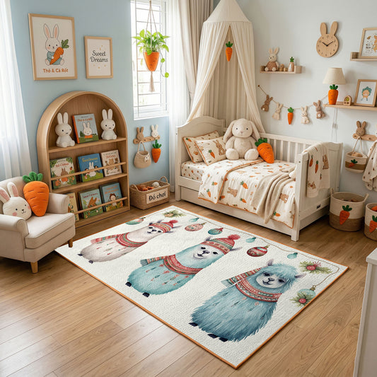 Cute Cat Friends Area Rug, Soft Blue Feline Carpet, Nursery Room Decor – featured room view