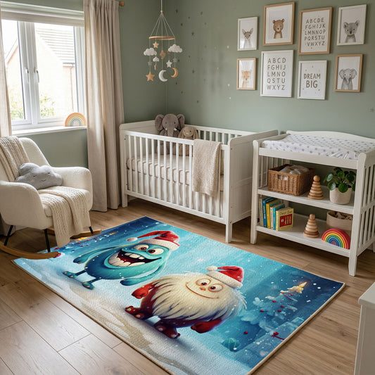 Winter Cat Portrait Area Rug, Blue Snowy Feline Carpet, Cozy Decor – featured room view