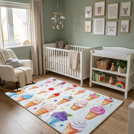 Pastel Donut Pattern Area Rug, Sweet Treat Carpet, Kids Room Decor – featured room view