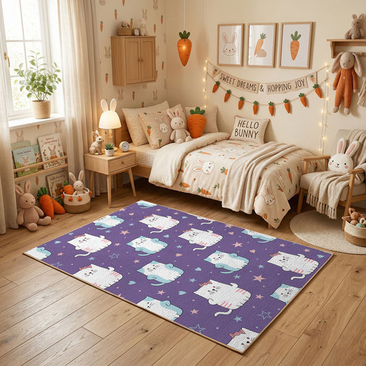 Purple Cat Pattern Area Rug, Cute Feline Carpet, Kids Room Decor – featured room view
