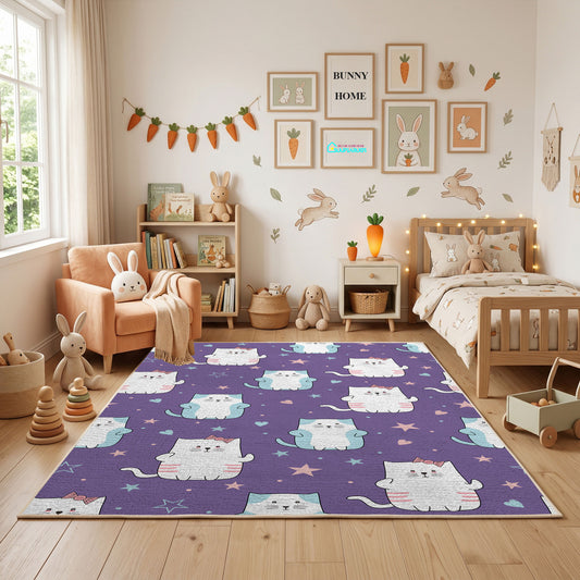 Purple Cat Pattern Area Rug, Cute Feline Carpet, Kids Room Decor – full rug view