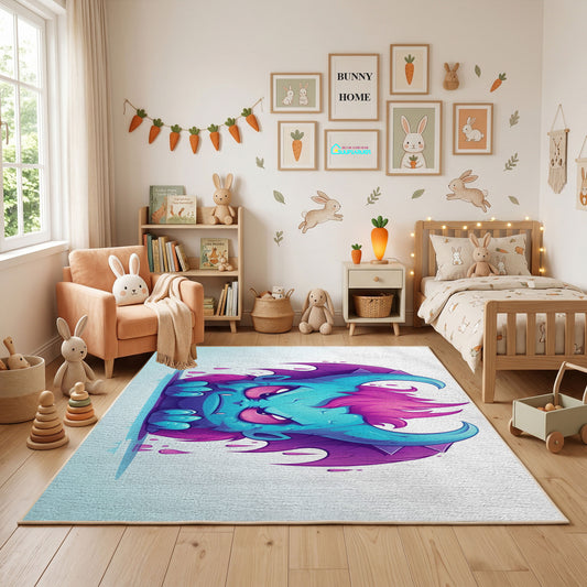 Colorful Fantasy Horse Area Rug, Blue Purple Animal Carpet, Kids Decor – full rug view