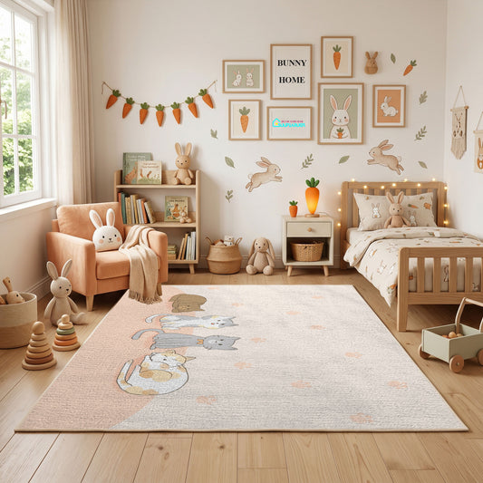Minimal Bunny Outline Area Rug, Soft Beige Rabbit Carpet, Nursery Decor – full rug view