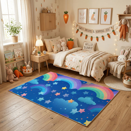 Rainbow Night Sky Area Rug, Blue Celestial Carpet, Kids Room Decor – featured room view
