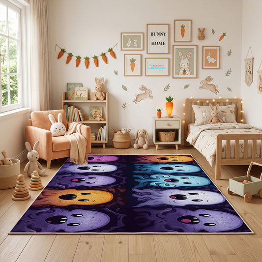 Purple Emoji Faces Area Rug, Dark Playful Pattern Carpet, Kids Decor – full rug view