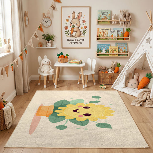 Smiling Flower Area Rug, Minimal Botanical Carpet, Cheerful Kids Decor – featured room view