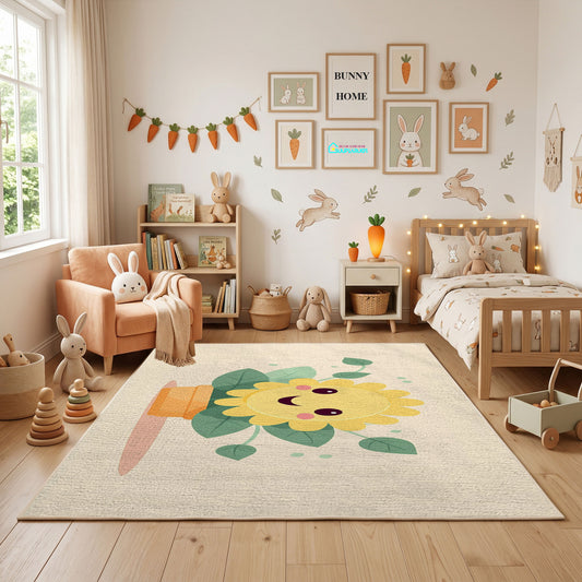 Smiling Flower Area Rug, Minimal Botanical Carpet, Cheerful Kids Decor – full rug view