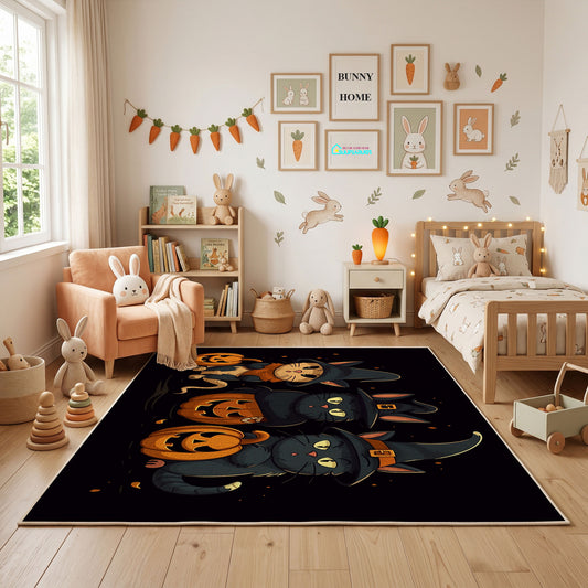 Halloween Cat Pumpkin Area Rug, Black Orange Feline Carpet, Spooky Decor – full rug view