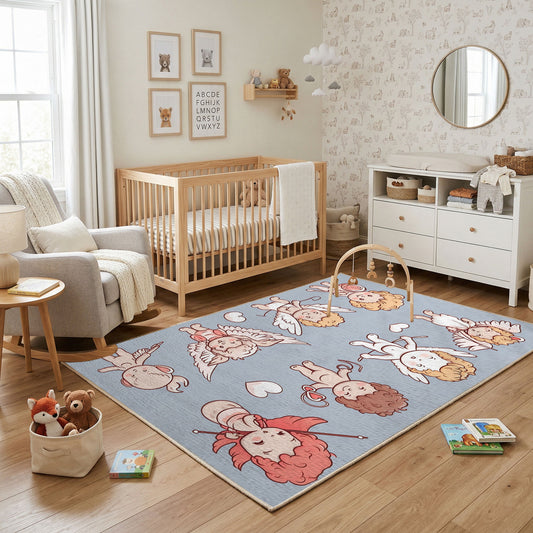 Pink Bunny Pattern Area Rug, Cute Rabbit Carpet, Nursery Room Decor – featured room view