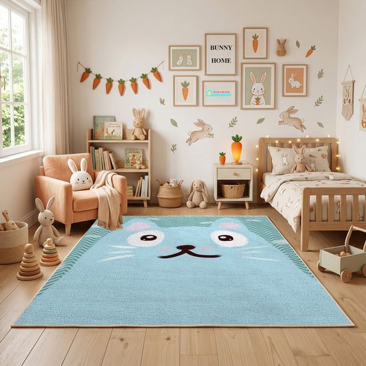 Minimal White Cat Face Area Rug, Light Blue Feline Carpet, Kids Decor – full rug view