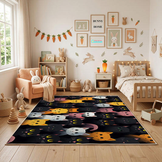 Colorful Cat Friends Area Rug, Pastel Feline Carpet, Kids Room Decor – full rug view