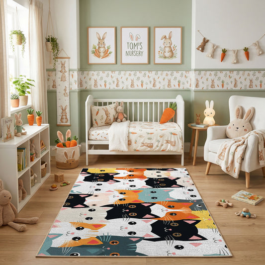 Patchwork Cat Pattern Area Rug, Black Colorful Feline Carpet, Modern Decor – featured room view
