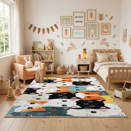 Patchwork Cat Pattern Area Rug, Black Colorful Feline Carpet, Modern Decor – full rug view