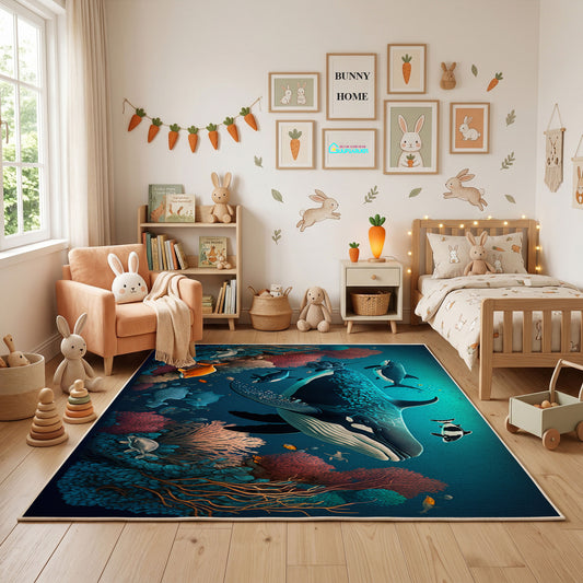 Enchanted Forest Wolf Area Rug, Teal Wildlife Carpet, Fantasy Room Decor – full rug view