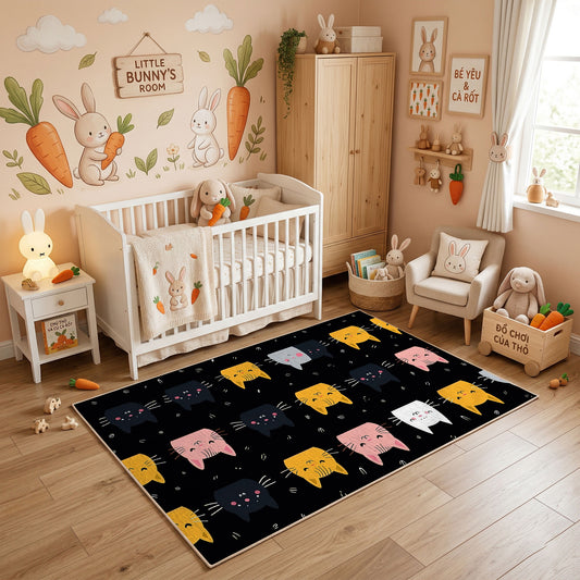 Halloween Cat Pattern Area Rug, Black Orange Feline Carpet, Spooky Decor – full rug view