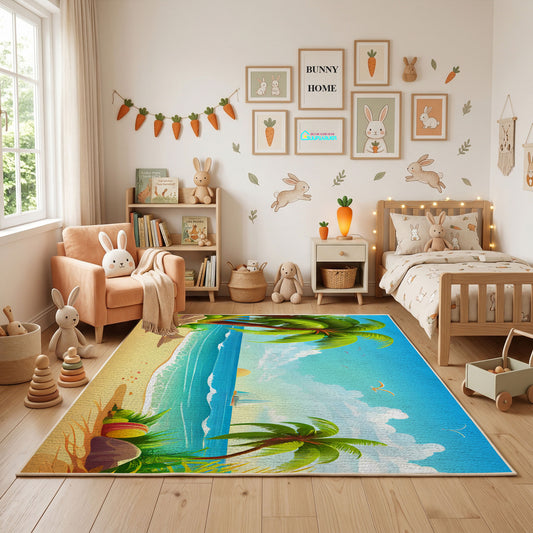Tropical Beach Waterfall Area Rug, Blue Green Nature Carpet, Coastal Decor – full rug view
