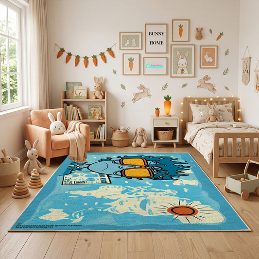 Playful Orange Tiger Area Rug, Blue Jungle Animal Carpet, Kids Room Decor – full rug view