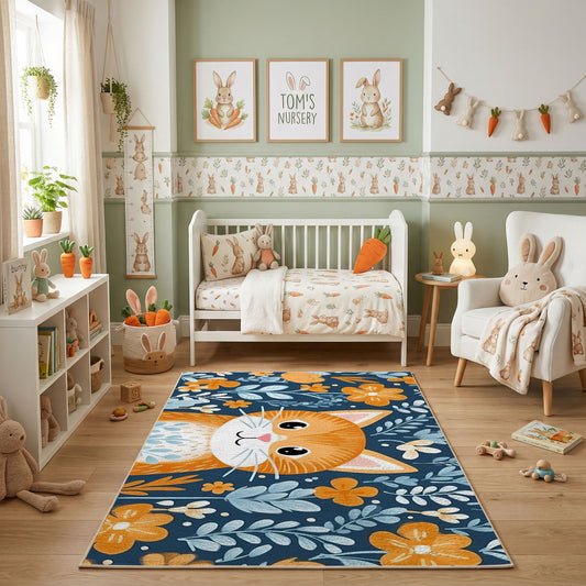 Floral Tiger Portrait Area Rug, Blue Orange Animal Carpet, Artistic Decor – featured room view