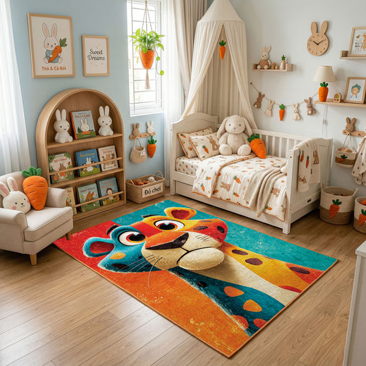 Colorful geometric giraffe rug displayed in a warm kids bedroom