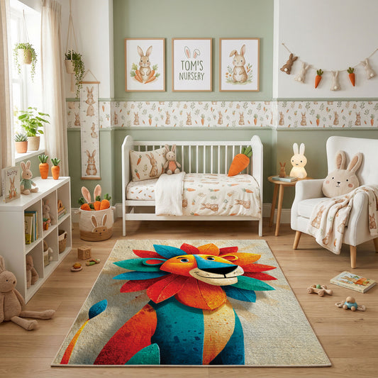 Colorful geometric lion rug shown beside a child’s bed