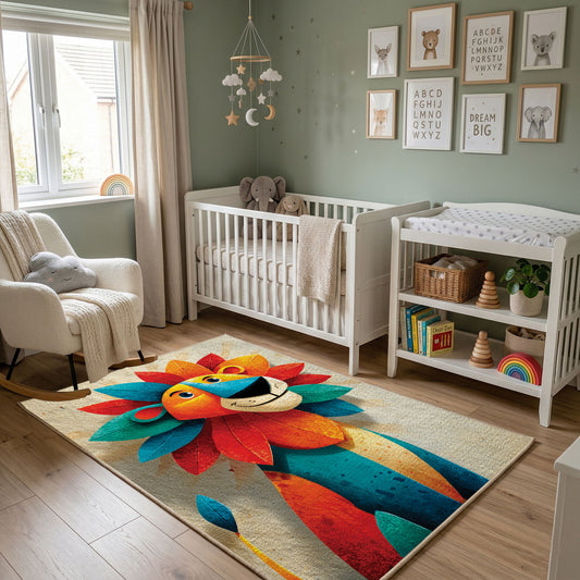 Colorful geometric lion rug wide room view in a modern nursery