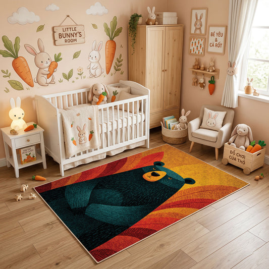 Colorful geometric black bear rug styled in a bright nursery