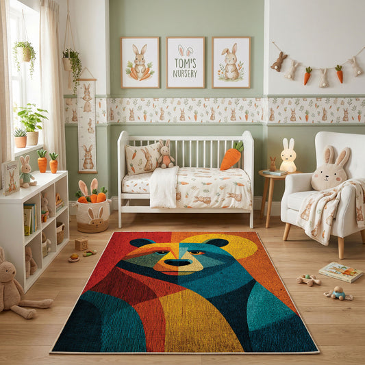 Colorful geometric bear rug shown beside a child’s bed