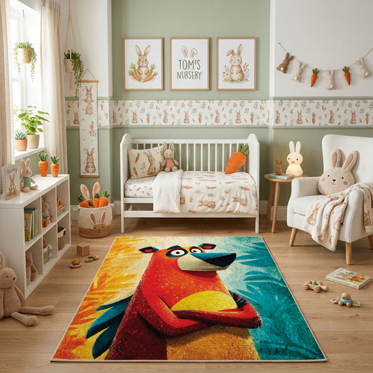 Colorful geometric parrot rug shown beside a child’s bed