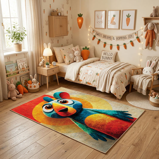 Colorful geometric parrot rug centered in a cozy playroom