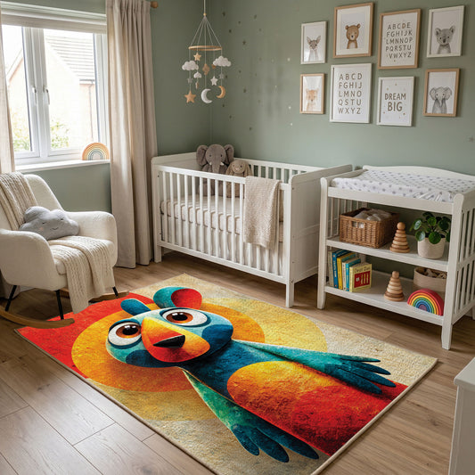 Colorful geometric parrot rug wide room view in a modern nursery
