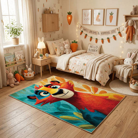 Colorful geometric lion rug centered in a cozy playroom