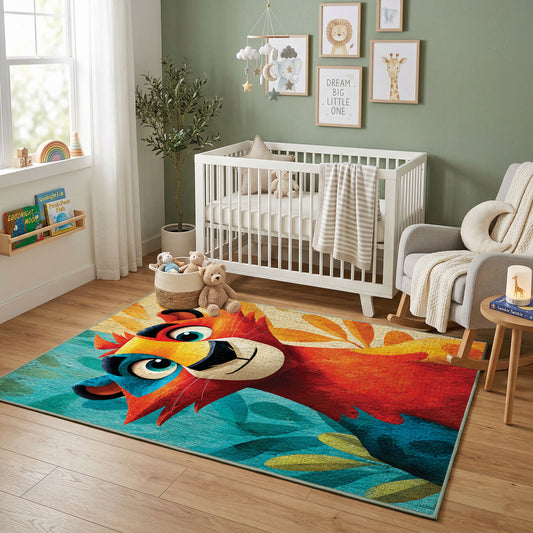 Colorful geometric lion rug displayed in a colorful play space
